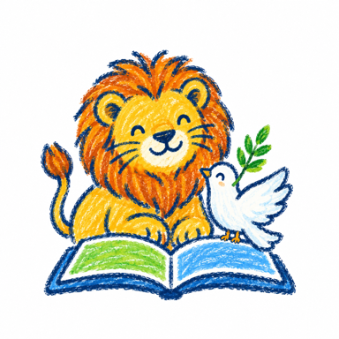 Dibujo a cray&oacute;n de un le&oacute;n y una paloma con un libro abierto.