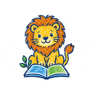 Crayon drawing of a friendly lion with an open book.