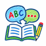 Crayon drawing of an open book, a pencil, and English conversation bubbles.